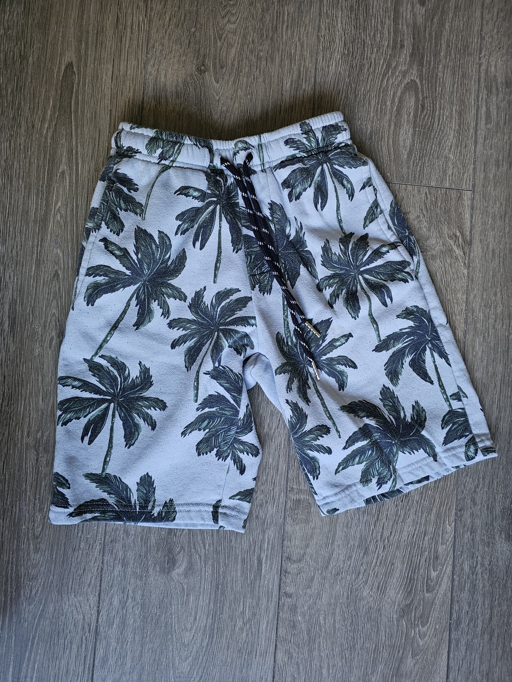 Boys Palm-Print Drawstring Shorts in Light Blue and Green